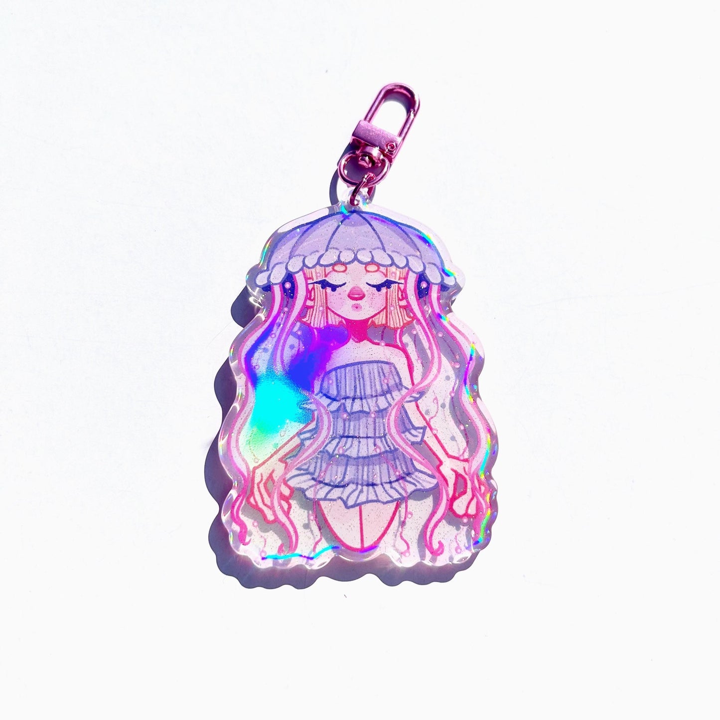 Sparkle Holographic Jelly Fish Girl Keychain