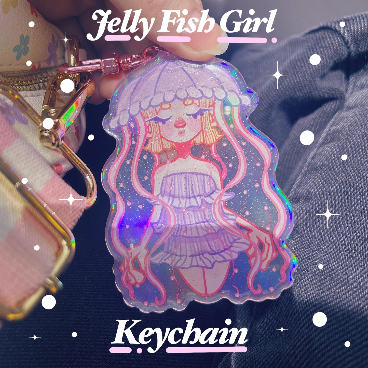 Sparkle Holographic Jelly Fish Girl Keychain